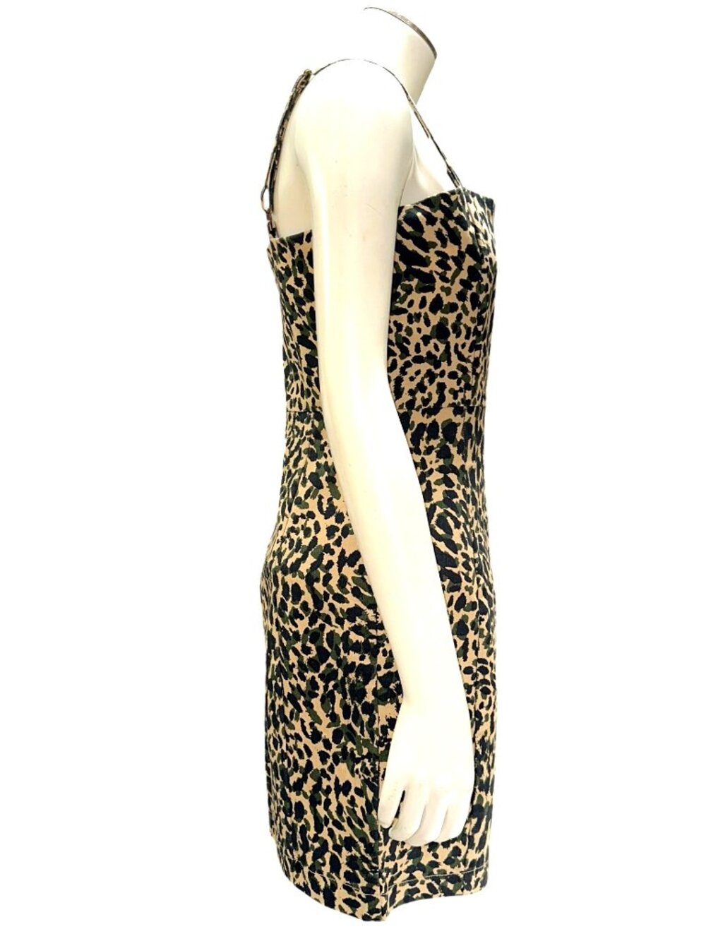 Forever 21 M Leopard Print Mini Dress Beige Black Spaghetti Strap Front Slit Zip - Picture 5 of 12